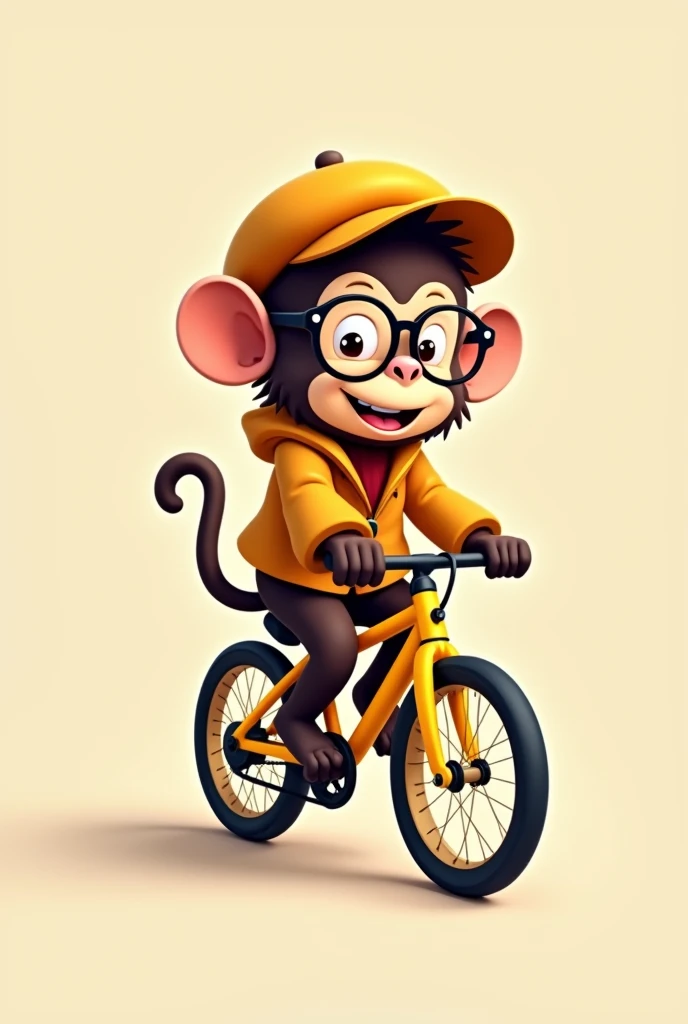 I want an illustration of a cartoon monkey riding a bike. The monkey should have a cute and friendly style, With dark brown fur. He wears a light brown beret., and large round glasses that cover a good part of its face. The monkey also wears a jacket the same shade as the hat and brown pants. The bike is bright yellow with black details, like the wheels and handlebars. The background should be simple, of a light beige or similar color, to highlight the figure of the monkey on the bicycle and to ride on the right side