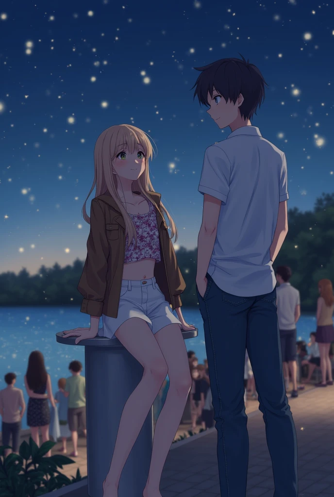 Background of a lake with floating lights in the sky while it's night. A light brown-haired girl with long hair, amber eyes, and a slight pink hue on his cheeks. With a white skirt above her knees, and a sleeveless, short floral shirt, with a leather jacket on top, but let it be big. a black haired boy, Blue-eyed, and some light freckles on his face, with a white shirt and jeans that aren't too tight. The girl is smiling with her head raised towards the sky while resting her elbows on a Serca . While the boy silently watches her.. She is distracted and doesn't realize that he is looking at her with a twinkle in his eye. Around them are many people. The boy is taller than the girl, and he watches her while she is distracted. He has his eyes on her.