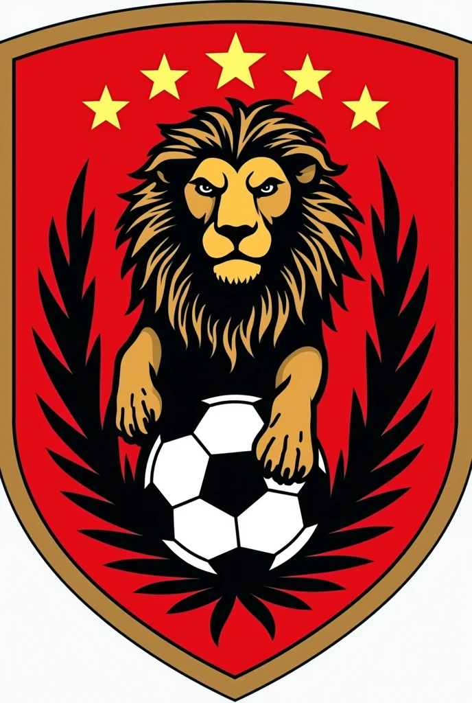 Create a shield for a football team with the Lion of Judah, add a soccer ball, add red color with stars from the city of Londrina, Paraná.