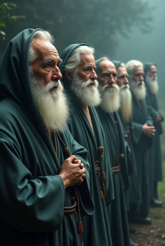 Seven old wise men behind each other in a uniform way with a mysterious and charming appearance. He has a white, well-groomed beard, his face is marked by wrinkles that tell stories of a long life full of wisdom. His eyes are clear, as if they held the secrets of the universe, radiating a deep serenity and knowledge. He wears a simple robe, yet elegant, that reinforces his aura of mystery and beauty. With a mysterious background that evokes wisdom. The image should be 1080 x 1920