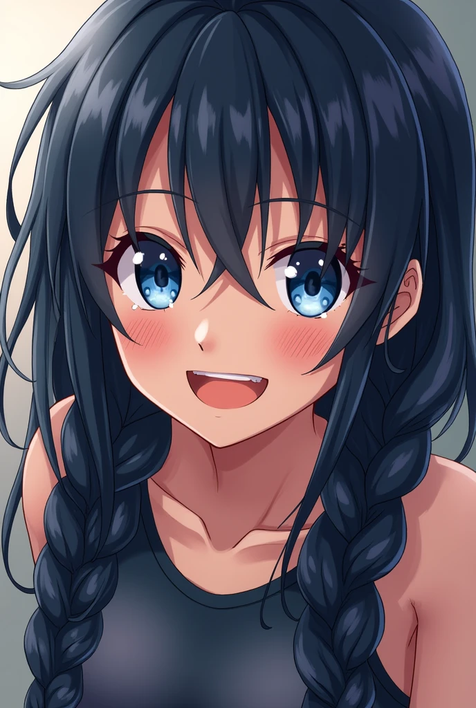A girl in the style of the Hunter x Hunter anime.
Similar to Killua with long braided dark hair and blue eyes like Killua's. She should smile more to match the anime style of the Hunter x Hunter anime.