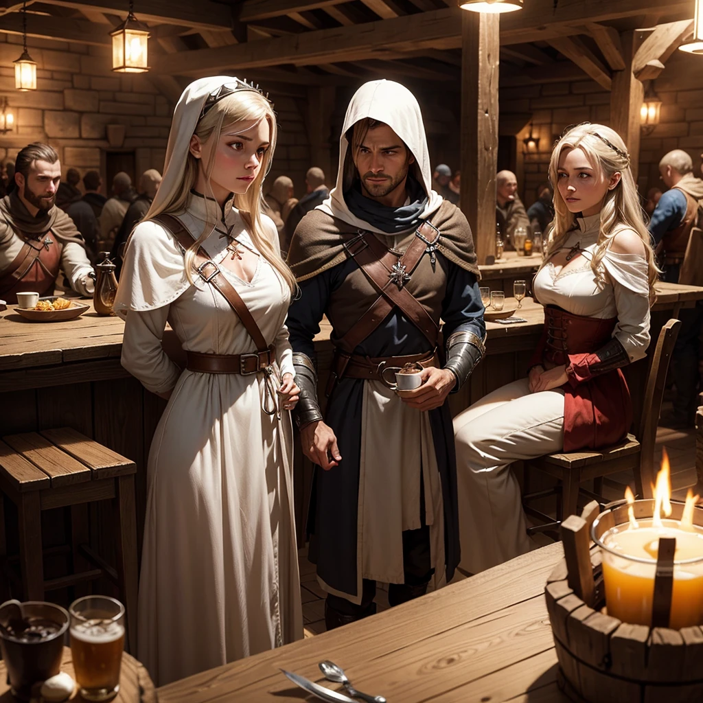 Inside a medieval tavern, illuminated by the dim light of torches and a crackling fire in the fireplace, Several Templars are gathered around a sturdy wooden table. The Templars wear their distinctive white cloaks with large red crosses on their chests., that clearly identify them. They wear long, tight-fitting white tunics., with leather belts securing sheathed swords at their sides. Some have their silver helmets resting on the table, showing their faces with serious and concentrated expression. They all wear metal crosses hanging from their necks., symbol of their order. The atmosphere is warm, with mugs of beer and plates of rustic food scattered around the table. In the background, Other travelers and peasants mingle in the darkness, creating an atmosphere of camaraderie and mystery in the heart of the tavern.