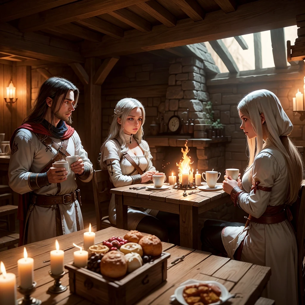 Inside a medieval tavern, illuminated by the dim light of torches and a crackling fire in the fireplace, Several Templars are gathered around a sturdy wooden table. The Templars wear their distinctive white cloaks with large red crosses on their chests., that clearly identify them. They wear long, tight-fitting white tunics., with leather belts securing sheathed swords at their sides. Some have their silver helmets resting on the table, showing their faces with serious and concentrated expression. They all wear metal crosses hanging from their necks., symbol of their order. The atmosphere is warm, with mugs of beer and plates of rustic food scattered around the table. In the background, Other travelers and peasants mingle in the darkness, creating an atmosphere of camaraderie and mystery in the heart of the tavern.