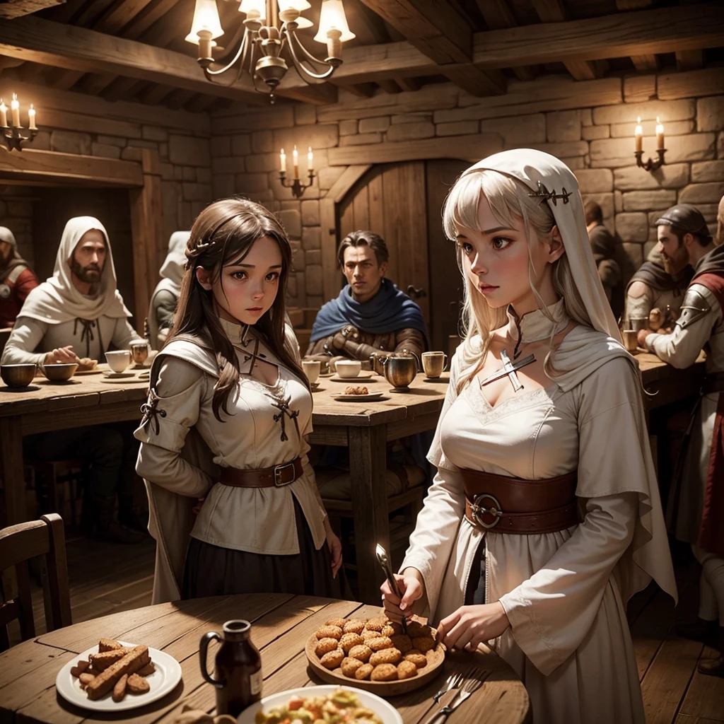 Luminescence,Inside an old tavern in medieval England,Petite and beautiful tavern girl,Giant breasts, narrow waist, medieval long dress,Half chest exposed,Holding a wooden wine glass and laughing with a group of male guests,Candle light and shadow,Cinematic lighting,Soft focus effect,Detailed and complex background, Baroque style,Renaissance art ,realistic, Track focus,Fill light, Welcoming atmosphere,Place is dirty,confusion,