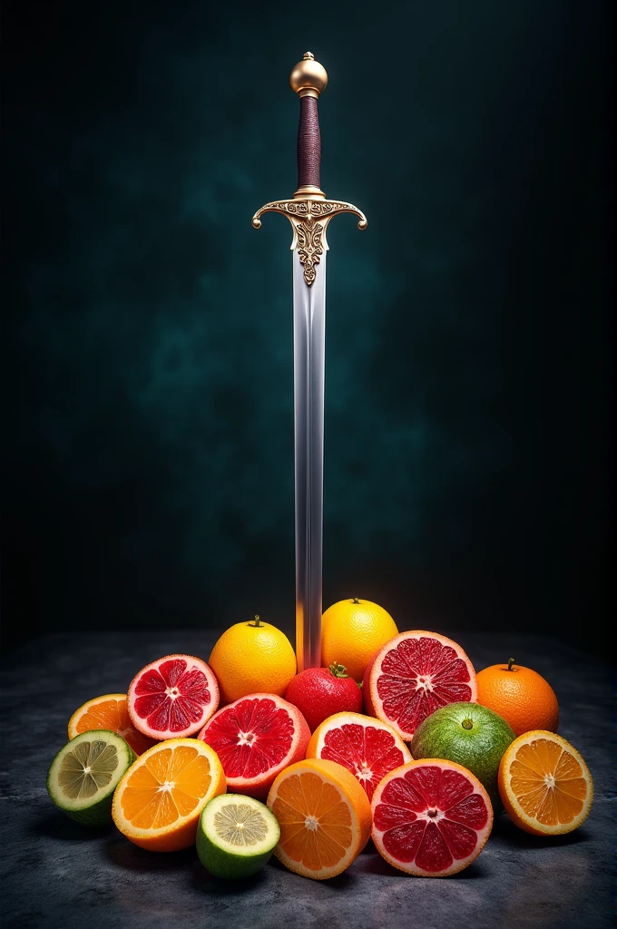 Slice Colourful Fruits on Dark Room with Shining Sword