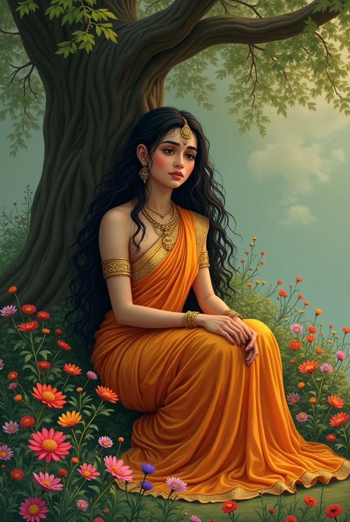 Sad goddess Sita in orange saree siting under a tree in a beautiful garden which is full of greeny and flowers and goddess Sita is sad in lord Rama's memory