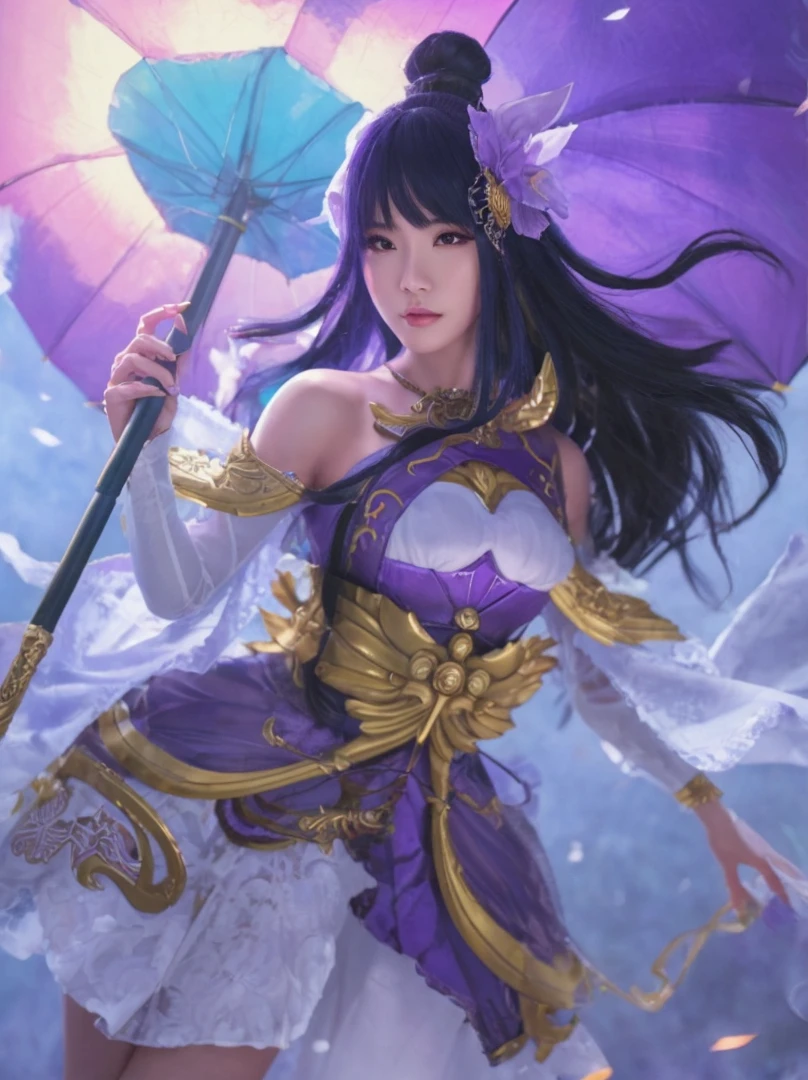 a woman in a purple dress holding a blue umbrella, extremely detailed artgerm, style of artgerm, artgerm detailed, artgerm lau, by Yang J, in style of artgerm, full body xianxia, portrait knights of zodiac girl, heise jinyao, ! dream artgerm, yun ling