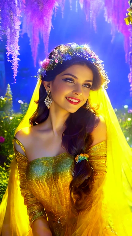 (a beautiful woman in a stunning gown of flowing silk with a radiant smile and captivating eyes),vibrant colors,highres,ultra-detailed,sharp focus,soft lighting,realistic,fantasy-inspired,portraits,subtle color palette,ethereal glow,fairytale,graceful,pastel shades,enchanted garden,lovely flowers,twinkling lights,whimsical ambiance