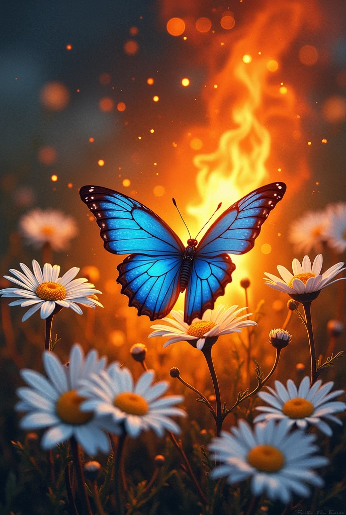 Small blue butterfly burning in the fire,with white daisies (flores) Around her. Realistic Painting