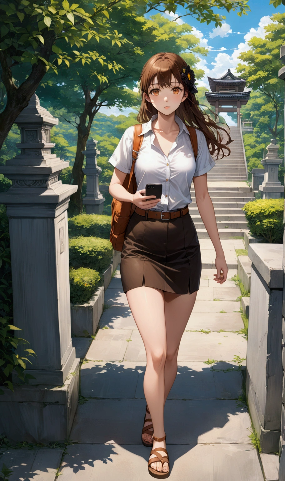realistic anime illustration of beautiful college girl walking and holding a smartphone along the way to her capus, she is carrying orange-brown backpack, she has brown long  hair with black flower hair clip , she wearing white short sleeve collared unbuttoned top shirt, black pencil mini skirt with brown belt, and brown sandals, (1girl, solo, full body), (masterpiece, best quality, japanese anime style), (expressive eyes, perfect face)