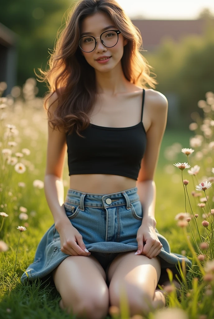 8K, masterpiece, ultra HD, intricate detailed, RAW photo, highly detailed, RAW photo, best quality, A beautiful Taiwanese girl, 22 years old, pale skin, real skin, slightly smile, black spaghetti strap crop top tanktop, arms up, small breast, ((ripped denim miniskirt:1.3)), black round glasses, ((jumping high front view:1.5)), ((spreading legs:1.4)), (sitting on a grass of flowery garden:1.5), front view:1.5, modeling pose, Blured background, depth of field, (lift skirt by myself, show my white panties:1.1), half body shots, closer photo taken, barefeet, Slim body, slender legs, slim muscular body, small breast, wavy hair, ash-brown hair color, ((front view, from below:1.5)),white panties,soft front lighting,1 girl ,solo,beauty,1girl, nipples projection, backlight golden hour, cinematic lighting, (((from below)))
