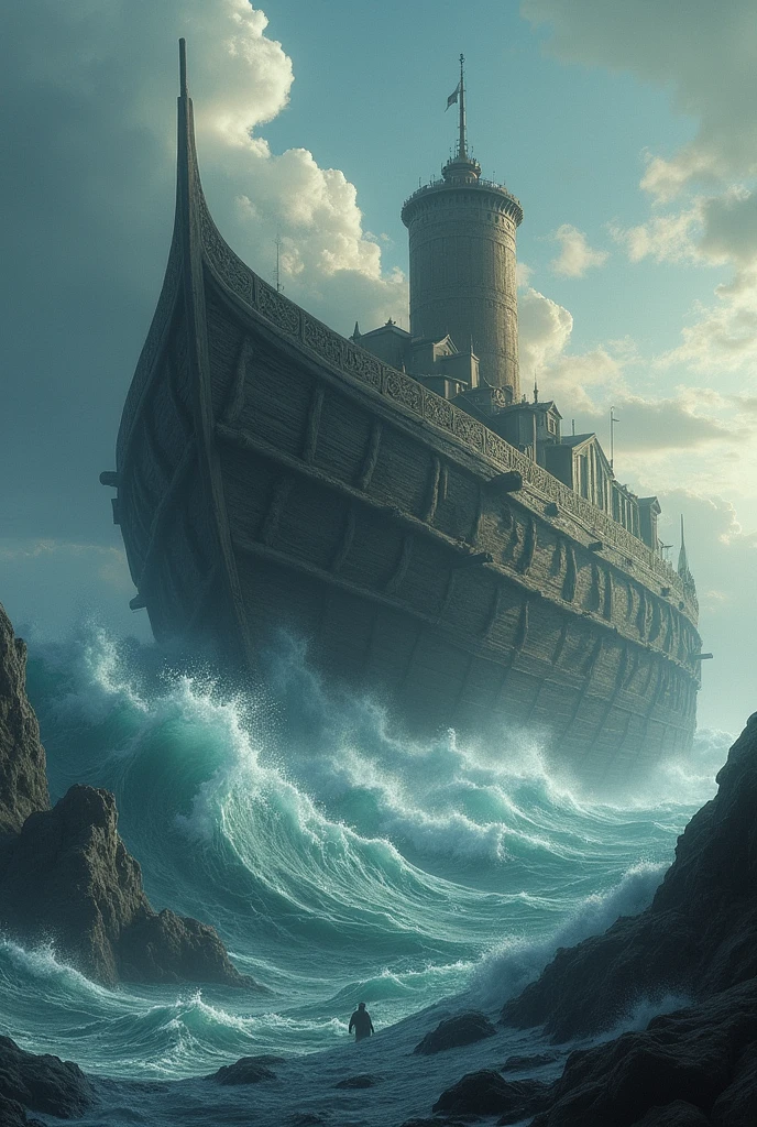 The Ark of Noah: An image of the ark, large and robust, floating over the hectic waters.