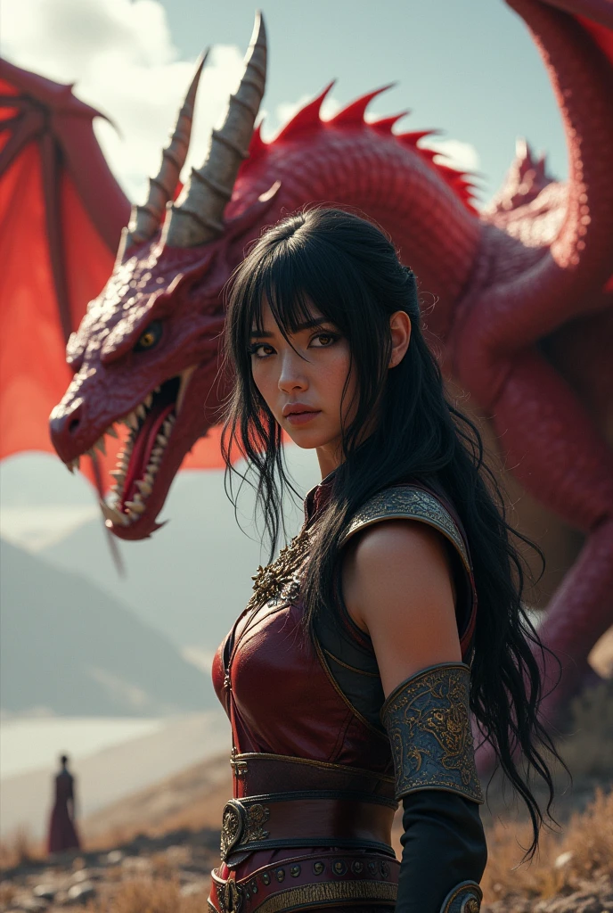 (photorealism:1.2), A pretty woman, Raven haired, black eyes, slightly tanned complexion, medium complexion, dressed for battle, and behind her a red dragon flying with two horns