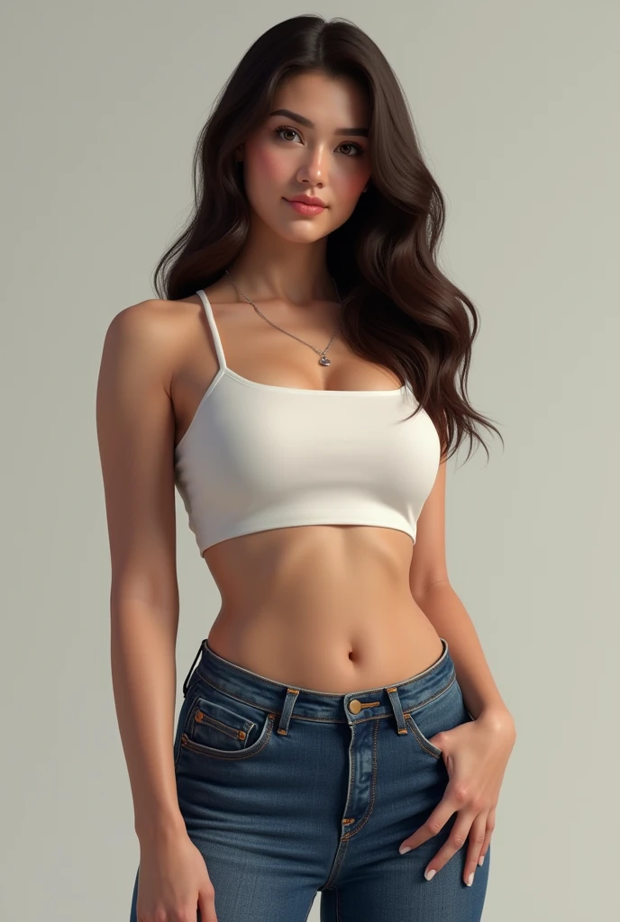 Girl posing for photo in white bra and tight denim, arms behind back, full body, with cropped t-shirt, bra, slim figure, smaller bust, slim girl model, 24 year old female model, --auto