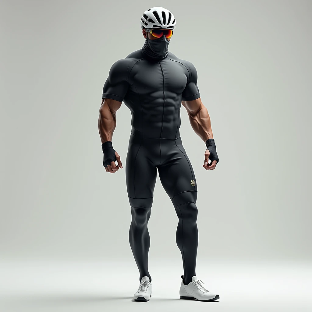 1 male,Muscular,cyclist,Bodysuits,Are standing,Long tights,Long sleeve,White binding shoes,White cycling helmet,Black socks,Cycling sunglasses,Balaclava