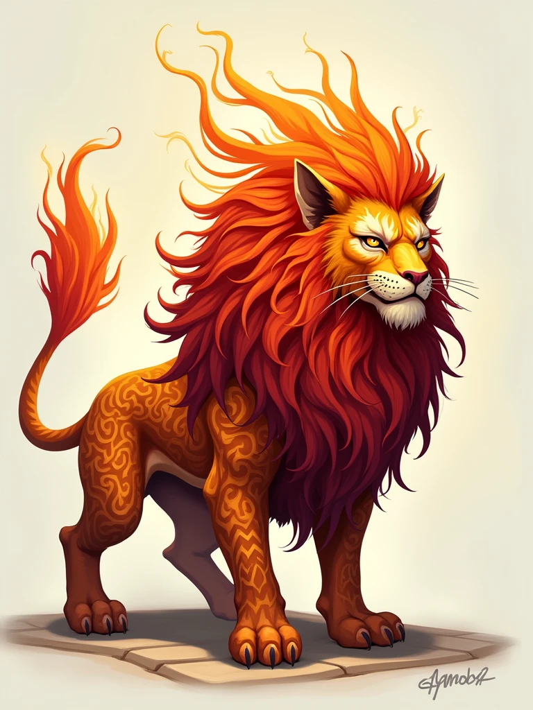 Digital illustration of a majestic, mythical creature resembling a lion with intricate, fiery details. The creature has a rich, reddish-orange fur with elaborate patterns that resemble flames, giving it a dynamic and powerful appearance. Its mane is voluminous and flowing, with strands that appear to be made of fire, adding to the sense of movement and energy. The creature's eyes are a piercing yellow, exuding a sense of wisdom and strength. The background is minimalistic, with a light gradient that emphasizes the vibrant colors and intricate details of the creature. The overall style is highly detailed and fantastical, with a focus on texture and color to create a sense of realism and otherworldliness.