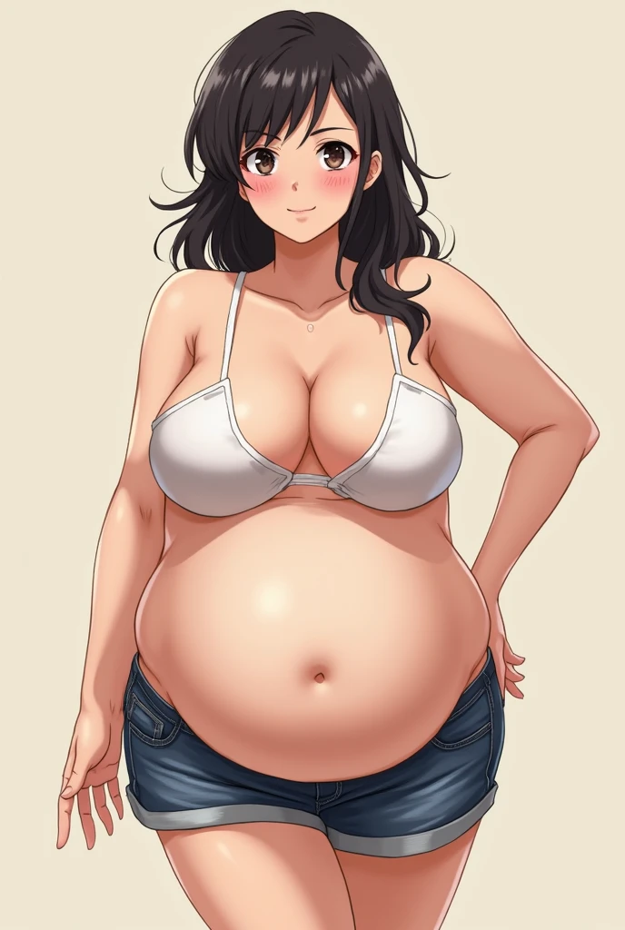 Fat anime girl with her belly exposed white background