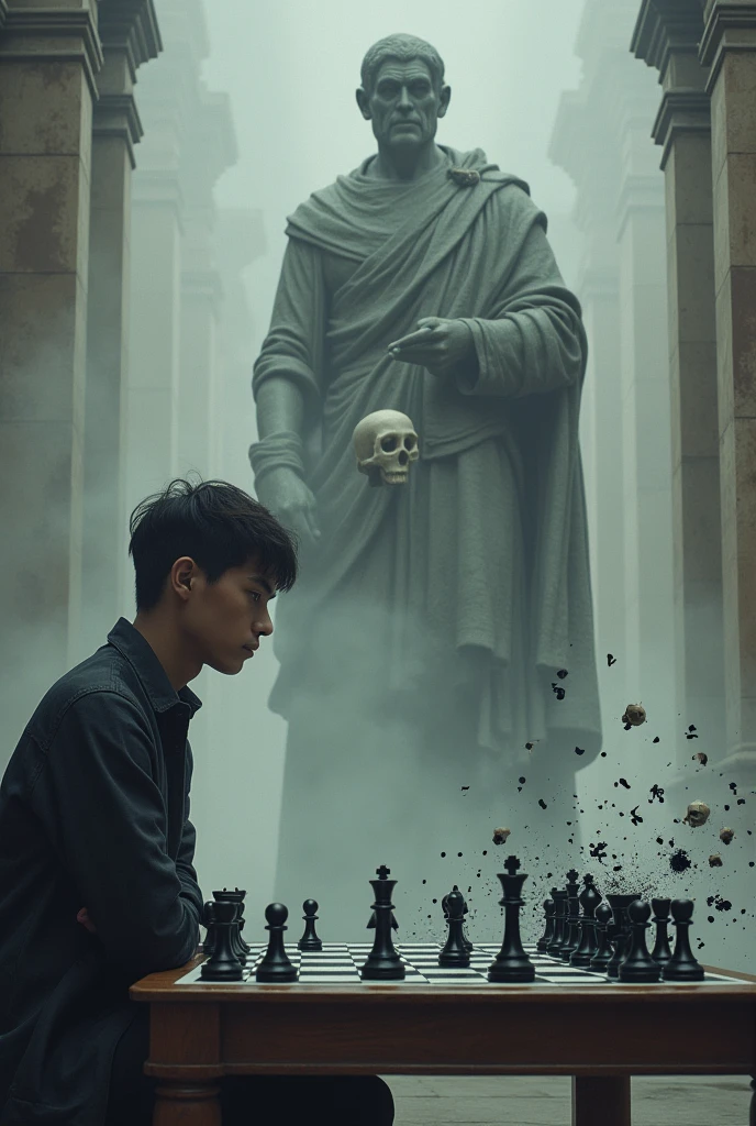 A 25-year-old boy playing chess against a statue in the lower part of the screen.
The pieces on the chessboard break and form a black and white Skull fading away