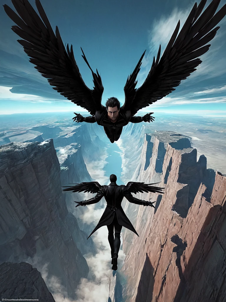 The back of a man with two jet-black wings, flying through the air and gazing upon a vast, uncharted continent from above.