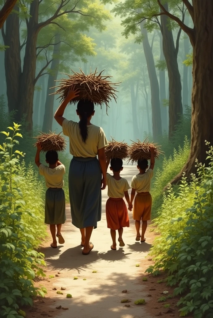 the mother, short, simple clothing, and daughters girls and boys, return from the woods with bundles of firewood on their heads. Linda estrada. florida.