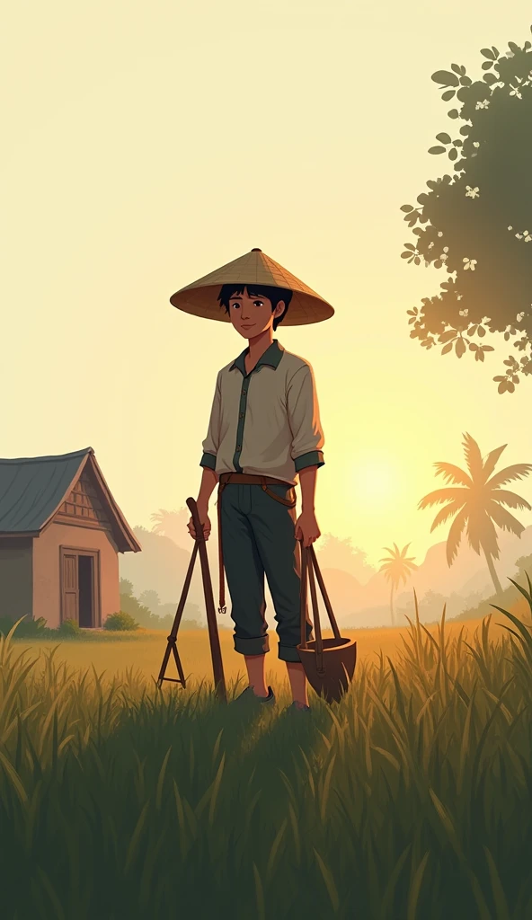One early morning, Nam, 20 years old, stands in front of the house , dressed in farmer's clothes and wearing a conical hat. ,holding sickle and necessary tools. The sky is still pale, the sun just rose.hình 2d