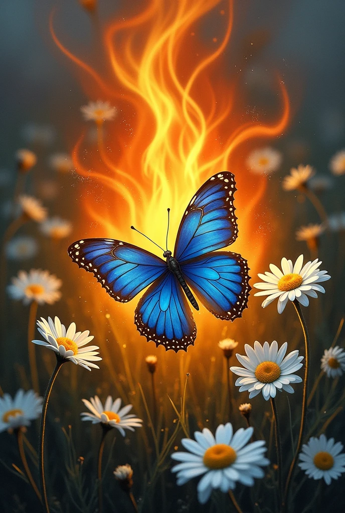Small blue butterfly burning in the fire,with white daisies (flores) Around her. Realistic Painting