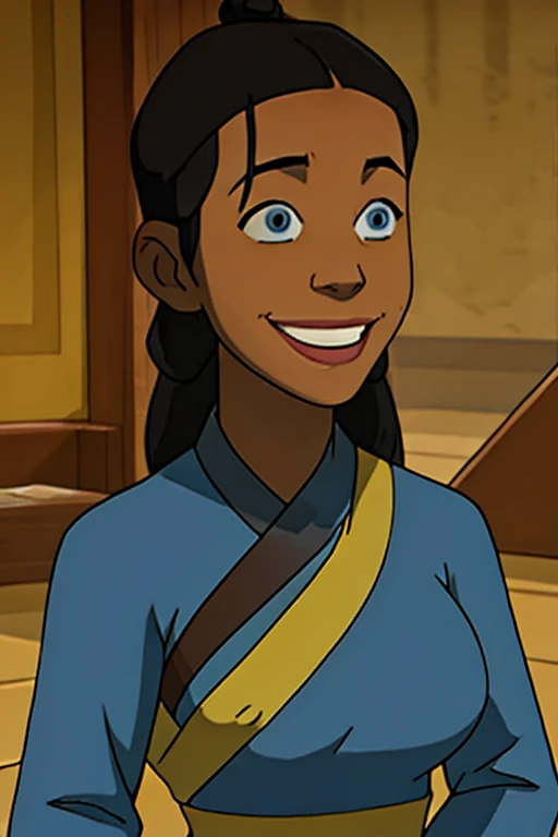 Katara from avatar the last Airbender hypnotized and dressed up as Joo Dee with large breasts and smiling