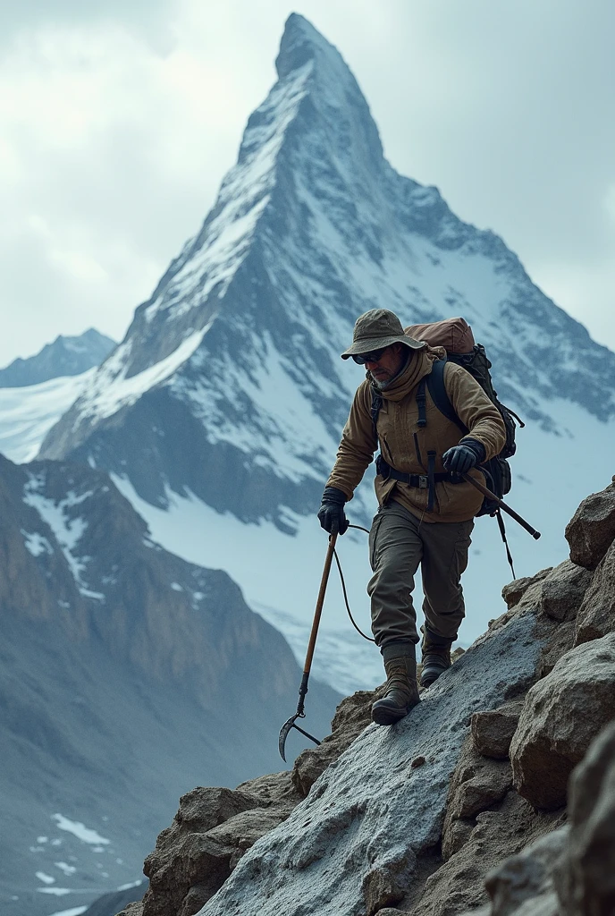 Geologist climbing a large mountain