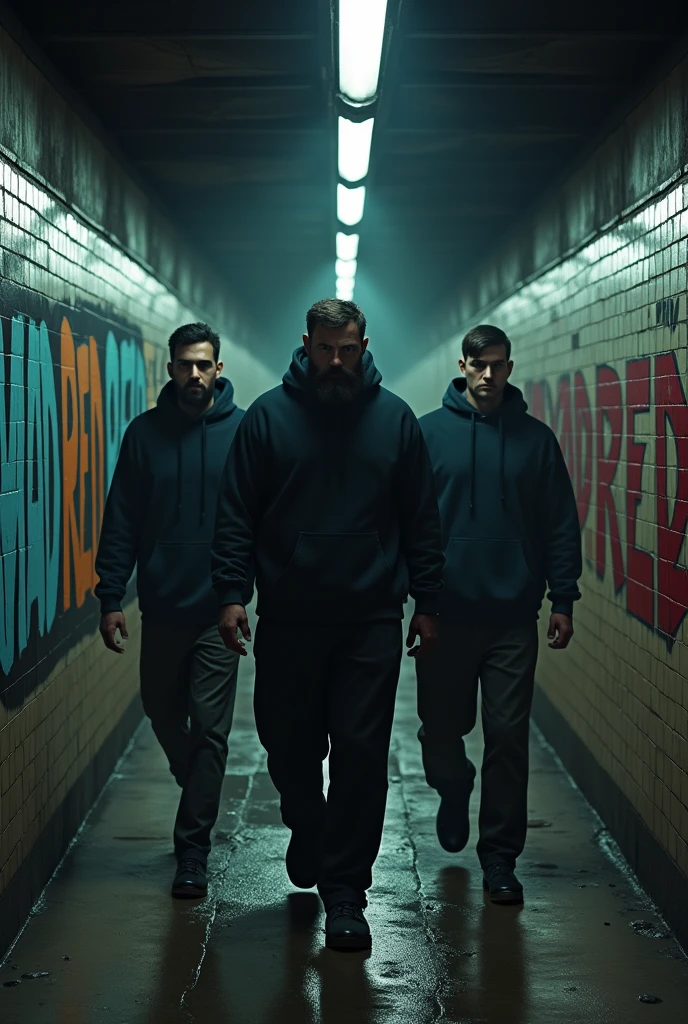 Dark subway with graffiti and 3 men walking, The 3 men's faces are not very visible but they have not very long beards and wear sports hoods, On a wall it says MAD RED in Graffiti, one of the men is fat, He weighs 160 kilograms, the other two are thin