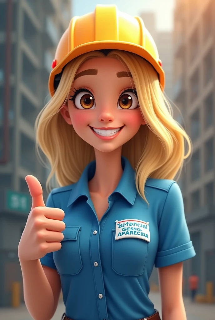 A blonde woman with shoulder length hair, brown-eyed, small, thin without chest and fluffy with a blue shirt that says "Gesso Aparecida" with a construction hat on his head giving a thumbs up