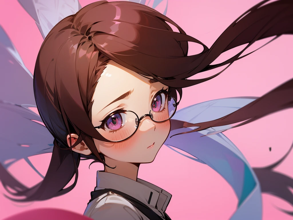 anime , 2d , chibi character, portrait, 1girl, solo , side view, glanced, shy, blushed, glasses, pink background