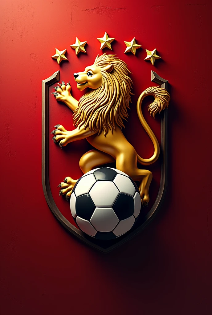 Create a shield for a football team with the Lion of Judah, add a soccer ball, add red color with stars from the city of Londrina, Paraná. 


