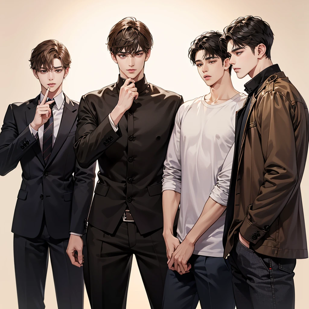 Four boys, black hair, brown eyes, brown background, high resolution, brown hair, stand in a line.., เสื้อยืดสีดำ, shut your mouth, handsome, cool,มองตรง,