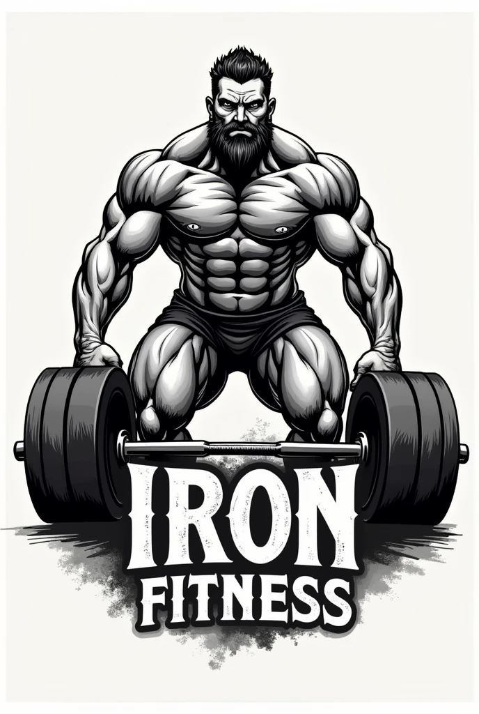 logo written "Iron Fitness" Muscular man lifting 100kg arnold split art in drawing logo for bodybuilder store bearded squatted as detailed as possible

