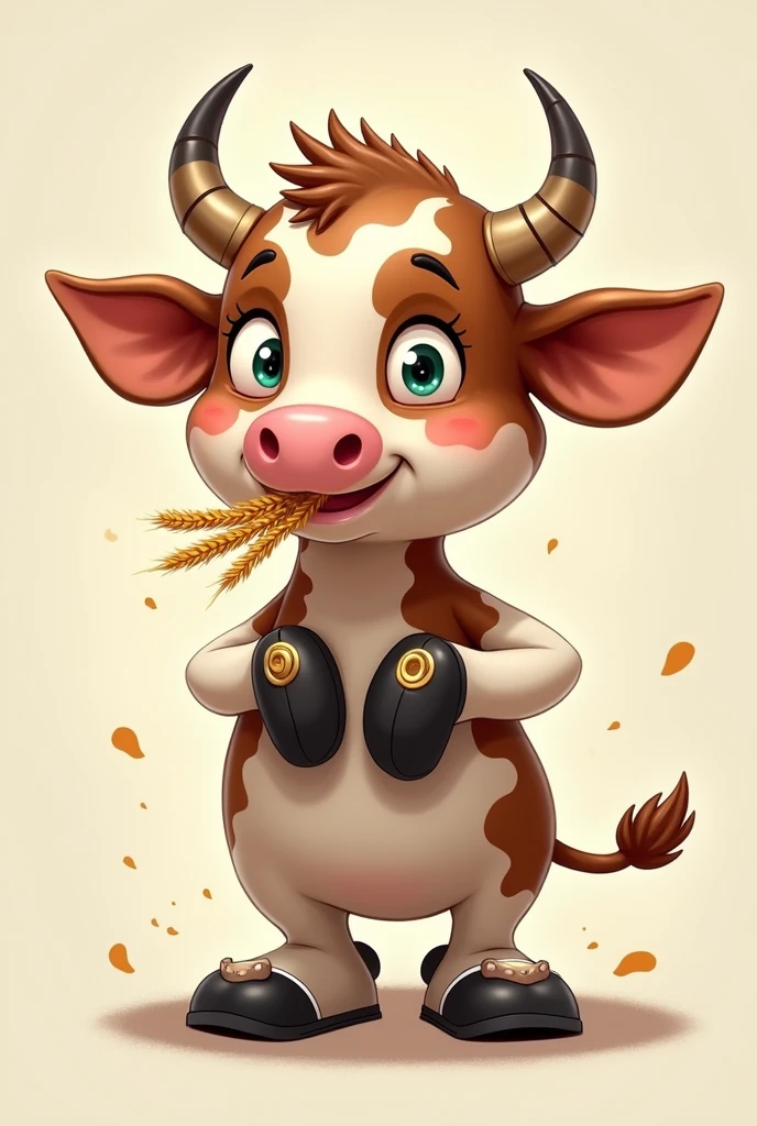 Personnage inspiré d'une vache cartoon avec des tache marrons est blanche des corne fine sur sa tête du blé sur sa bouche des soulier noir est blanc sur s'est sabot des sabot en main une bague d'or sur sont n'é est que le personnage a un côté un de cartoon est un côté de grand vache
