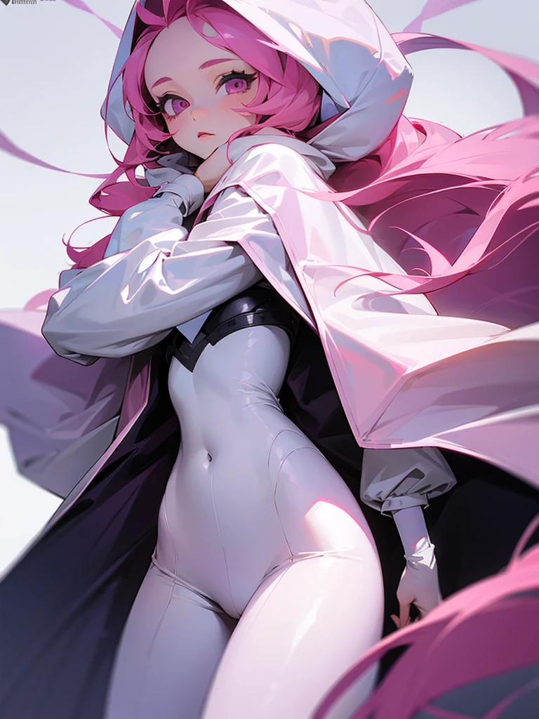 Young girl with long pink hair, White skin, using a coat-type garment that covers her up to her hips