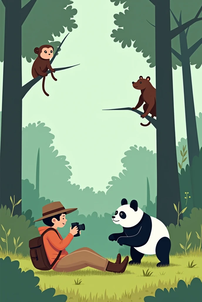 Simple style illustration, an explorer, at the forest, A giant panda, The explorer lay down on the grass and took photos silently, Oda is a monkey in the tree, Oda'Brown bear sneaking behind a tree