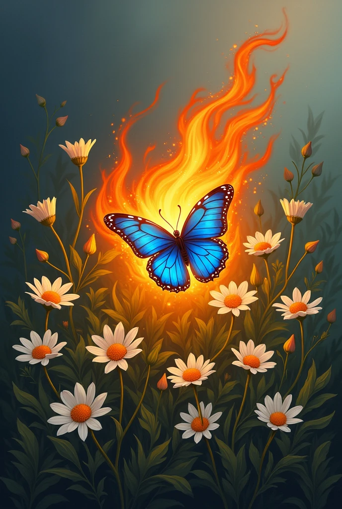 Small blue butterfly burning in the fire,with white daisies (flores) Around her. Realistic Painting