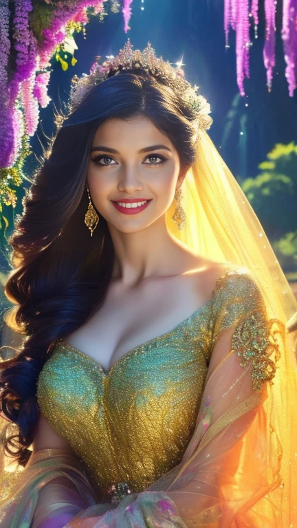 (a beautiful woman in a stunning gown of flowing silk with a radiant smile and captivating eyes),vibrant colors,highres,ultra-detailed,sharp focus,soft lighting,realistic,fantasy-inspired,portraits,subtle color palette,ethereal glow,fairytale,graceful,pastel shades,enchanted garden,lovely flowers,twinkling lights,whimsical ambiance