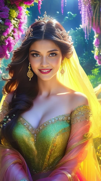 (a beautiful woman in a stunning gown of flowing silk with a radiant smile and captivating eyes),vibrant colors,highres,ultra-detailed,sharp focus,soft lighting,realistic,fantasy-inspired,portraits,subtle color palette,ethereal glow,fairytale,graceful,pastel shades,enchanted garden,lovely flowers,twinkling lights,whimsical ambiance