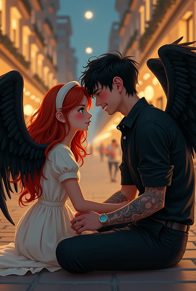 Background of an elegant city at night with neutral colors and warm lights, girl with a white dress and angel wings on her back, how does she dress, a headband, redhead with her hair semi-loose,green eyes, parts, she is blushing, She is sitting on the ground of a street, together with a black-haired boy, well-built, grey eyes, tattoos on arms, with a black button-down shirt and black pants and black angel wings, he is sitting next to her,He is laughing amusedly and she looks at him with a slight pout.,semi-realist, literary character
