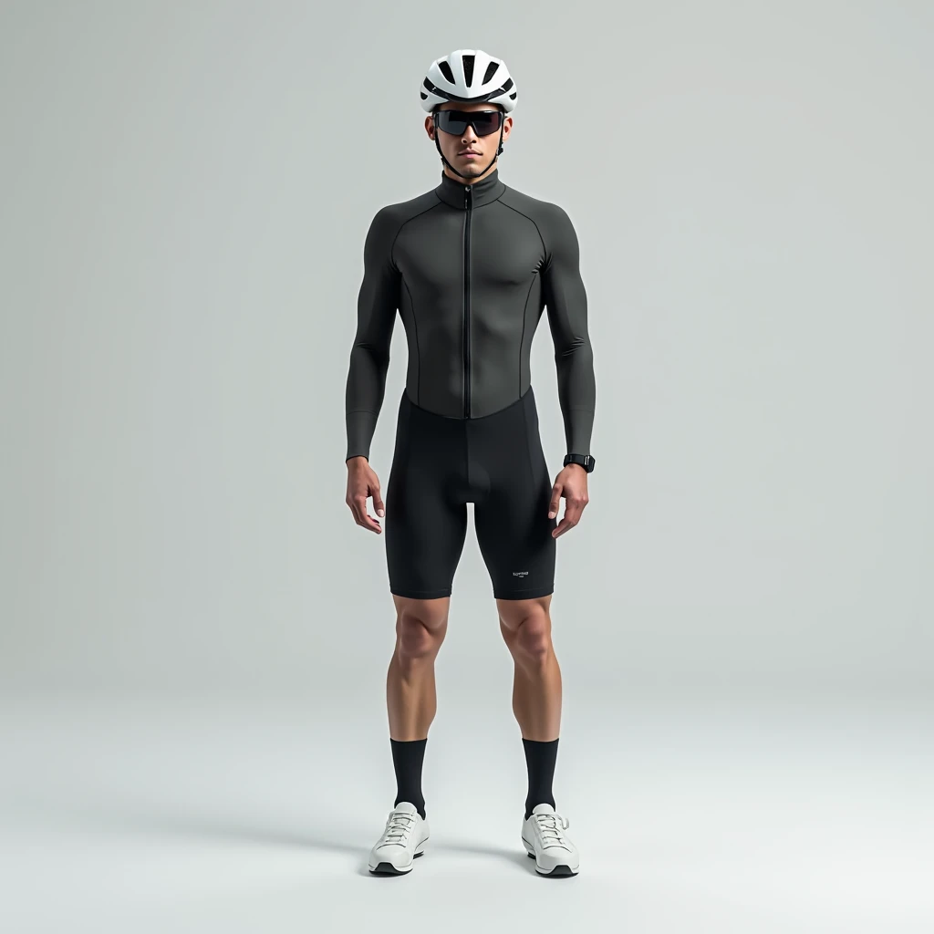 1 male,cyclist,Bodysuits,Are standing,Long tights,Long sleeve,White binding shoes,White cycling helmet,Black socks,Cycling sunglasses,No nipples