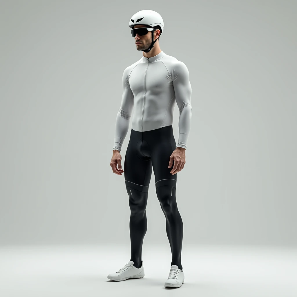 1 male,cyclist,Bodysuits,Are standing,Long tights,Long sleeve,White binding shoes,White cycling helmet,Black socks,Cycling sunglasses,No nipples