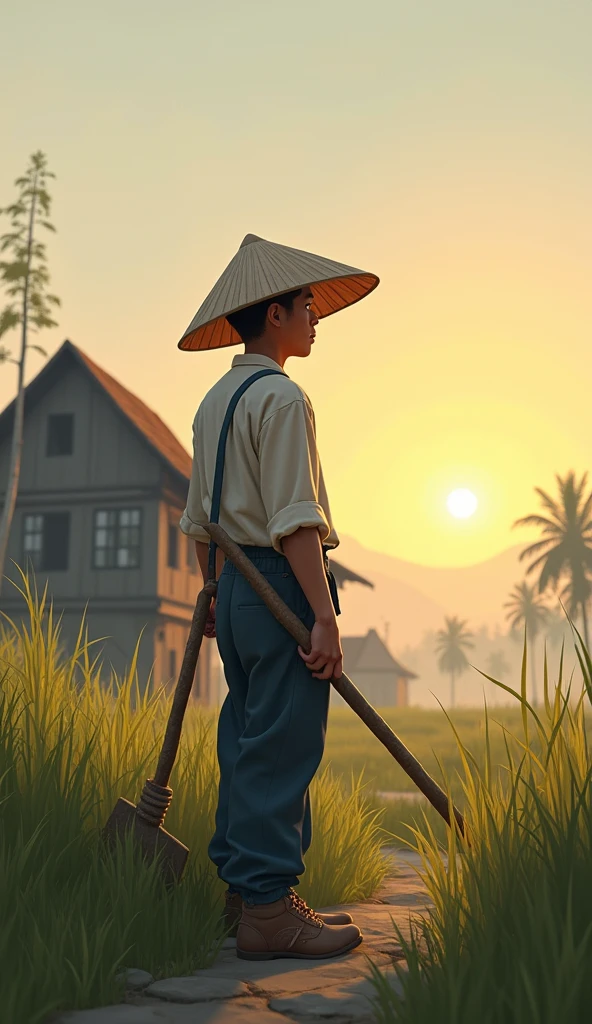 One early morning, Nam, 20 years old, stands in front of the house , dressed in farmer's clothes and wearing a conical hat. ,holding sickle and necessary tools. The sky is still pale, the sun just rose.hình 2d