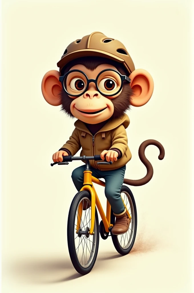 Make me a caricature monkey riding a bicycle. The monkey wears round glasses and a brown cyclist helmet, giving it an intellectual and confident look. Your expression is friendly and focused. He wears a light brown jacket that gives him an urban explorer air. The bicycle he rides is a yellowish tone with dark details, and the monkey seems to be pedaling enthusiastically. The monkey's tail curves back in a fun way, adding dynamism to the scene. The background is simple and clear, focusing all attention on the cute cyclist monkey.