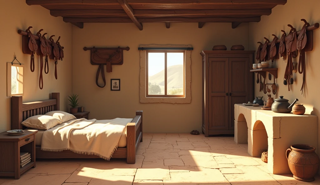 a backdrop for a stage set, it's inside an adobe house, on the right is the stone kitchen, pot and utensils and to the left in the same room is the bed with sheepskin blankets not so exaggerated and above a window,without appliances, that the mud walls can be seen, On the wall hanging 2 saddles above the bed and a wooden wardrobe