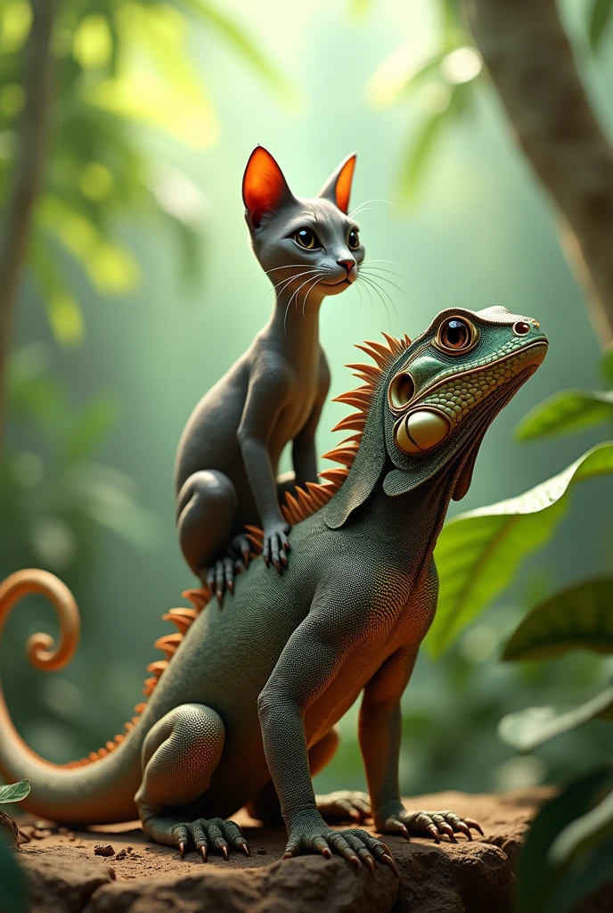 A cat riding an iguana