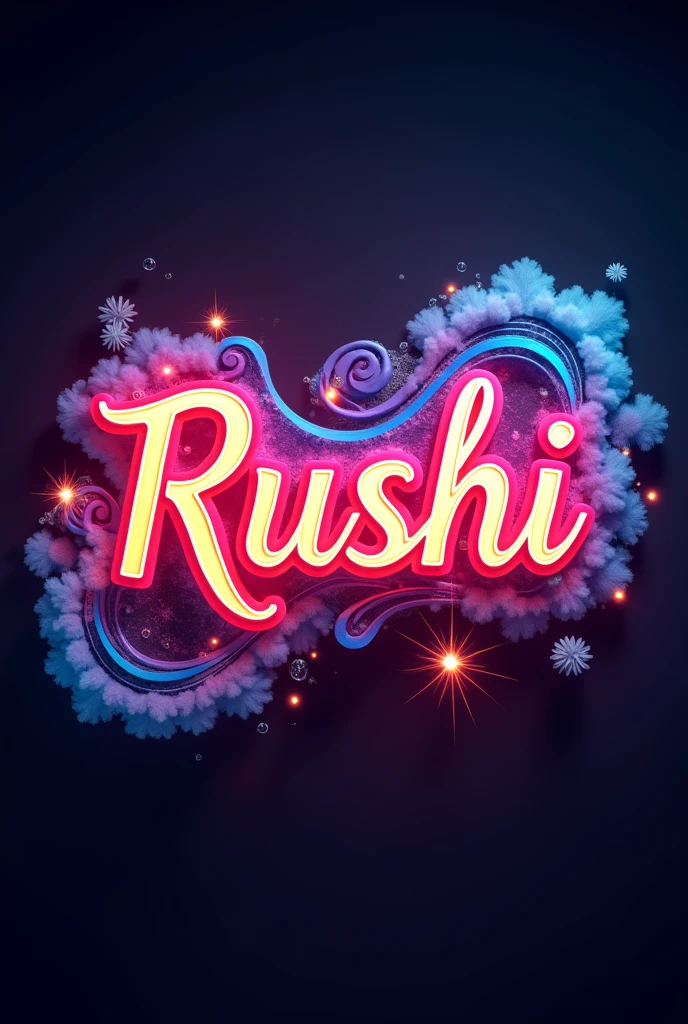 Create a visually stunning 3D text design with the name "Rushi" as the centerpiece. The text should be in a neon style with glowing effects, surrounded by intricate swirling patterns, sparks, and luminous elements. The background should be dark, allowing the bright colors of the text and surrounding effects to stand out. Incorporate elements like soft smoke, glowing orbs, and light trails to give it a dynamic, energetic feel. The overall style should be futuristic and artistic, similar to a vibrant neon sign with an elaborate, decorative touch