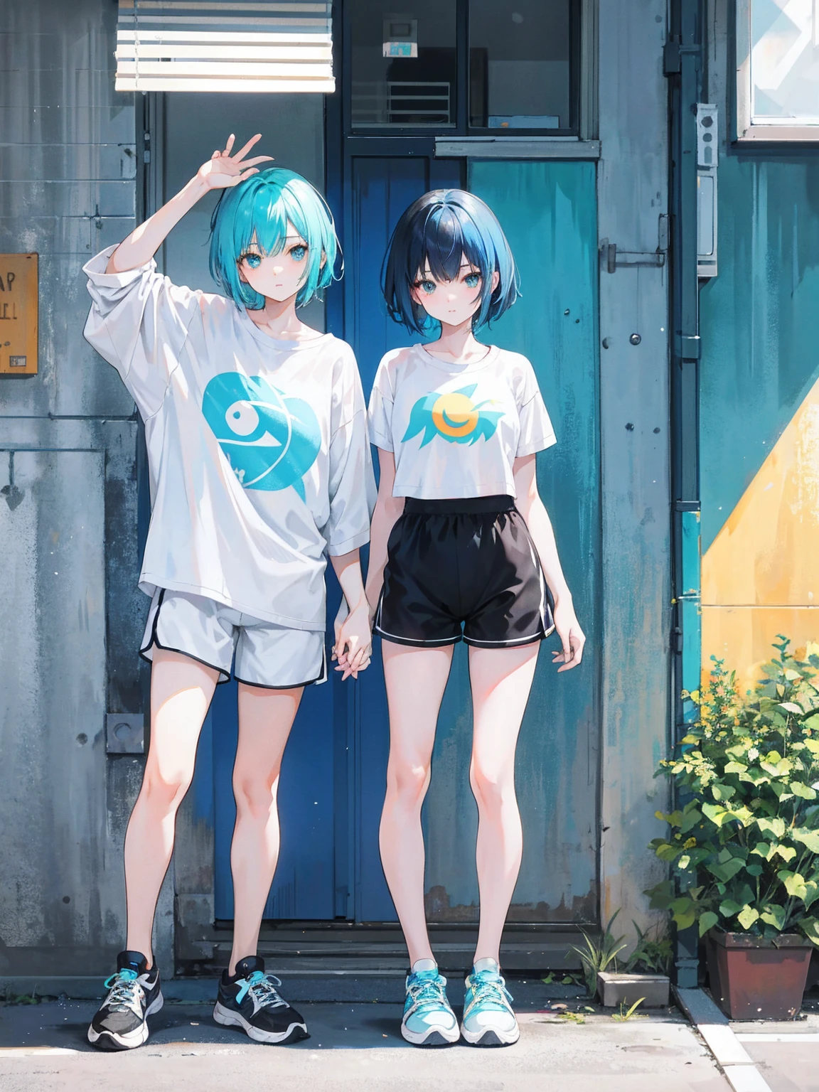 19-year-old girl,Turquoise Hair ,The sun shines,black eye,Combed hair,Short fine hair,White Top Pajamas,Bottoms Super Shorts,Athletic Sneakers,Let your hands hang naturally,Stand on your own two feet,Full Body Lesbian
