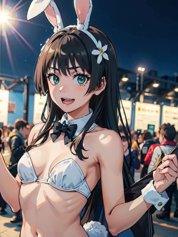  (High resolution:1.4), (masutepiece:1.2), (High quality:1.3) 1girl, saten ruiko, green eyes, long hair, black hair, small breast, (reverse outfit,rabbit ears,navel,breasts,revealing clothes),, cinematic lighting,  pov, dynamic angle, open mouth, grin, comiket_cosplay_Hiroba comiket_cosplay, N4